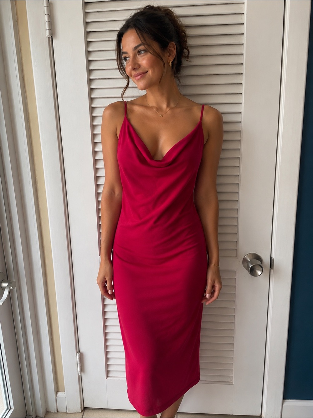 AREA Hot Pink Cowl-Neck Midi Slip Dress